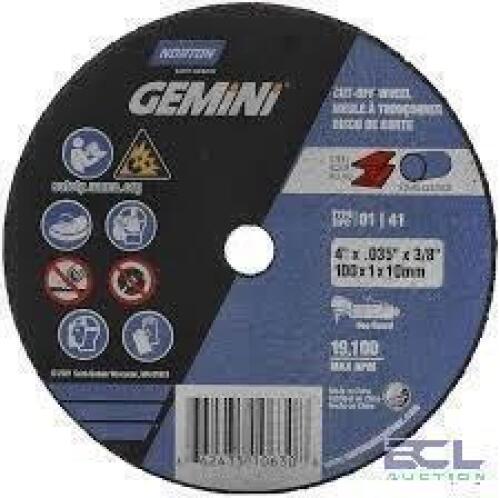 DESCRIPTION: (3) BOXES OF (25) CUT OFF WHEEL BRAND/MODEL: NORTON GEMINI #37273 SIZE: 4" X .035" X 3/8" RETAIL$: $10.82 PER WHEEL QTY: 3