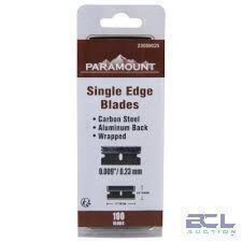 DESCRIPTION: (6) PACKS OF (100) SINGLE EDGE RAZOR BLADES BRAND/MODEL: PARAMOUNT #23059025 SIZE: $0.01 RETAIL$: $5.38 EA QTY: 6