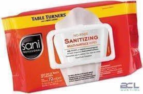 DESCRIPTION: (6) NO RINSE SANITIZING MULTI-SURFACE WIPES BRAND/MODEL: SANI PROFESSIONAL #61CU35 SIZE: 72 WIPES PER CONTAINER RETAIL$: $60.00 TOTAL QTY