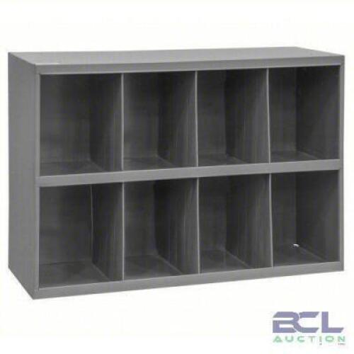 DESCRIPTION: (1) PIGEONHOLE BIN UNIT BRAND/MODEL: DURHAM #6ALJ3 INFORMATION: GRAY, STEEL, 8 COMPARTMENTS SIZE: 34" X 12" X 24" RETAIL$: $149.52 EA QTY