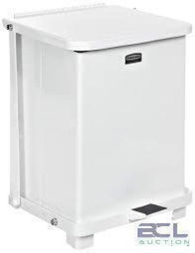 DESCRIPTION: (1) STEP-ON FOOT PEDAL TRASH CAN BRAND/MODEL: RUBBERMAID #ST40 INFORMATION: WHITE, STAINLESS STEEL, COIN FREE RETAIL$: $529.00 EA QTY: 1