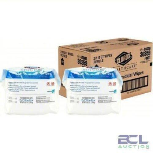 DESCRIPTION: (2) BAGS GERMICIDAL DISINFECTING WIPES BRAND/MODEL: CLOROX/4XKR8 INFORMATION: 110 WIPES PER BAG SIZE: 12" X 12" SHEET SIZE RETAIL$: $150.