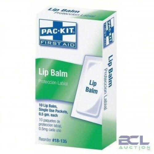 DESCRIPTION: (10) BOXES OF (10) PACKETS OF LIP BALM BRAND/MODEL: FIRST AID ONLY #39P062 SIZE: .5 OZ RETAIL$: $5.00 EA QTY: 10