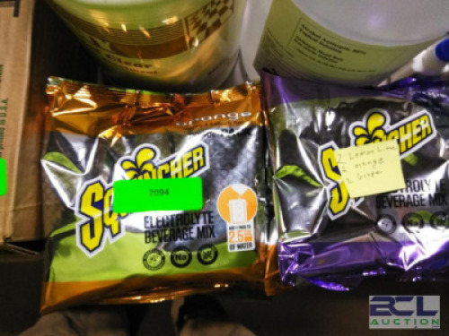 DESCRIPTION: (6) SPORTS DRINK CONCENTRATE POWDER BRAND/MODEL: SQWINCHER INFORMATION: 2 LEMON LIME 2 ORANGE 2 GRAPE RETAIL$: $28.00 EA QTY: 6
