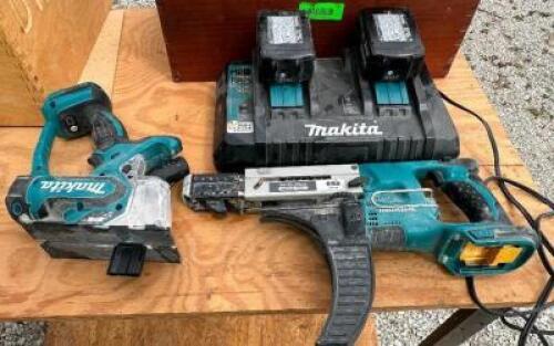 MAKITA PORTABLE CUT OUT TOOL, MAKITA 1/4" DRYWALL SCREW GUN, BATTERY CHARGER, AND (2) BATTERIES.