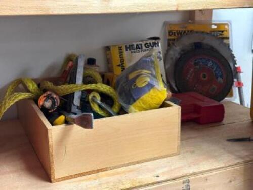 LARGE ASSORTMENT OF HARDWARE, HAND TOOLS, STRAPS, BLADES, AND OTHER MISC. ITEMS