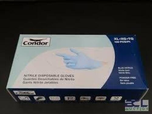 DESCRIPTION: (4) BOXES OF (100) NITRILE DISPOSABLE GLOVES BRAND/MODEL: CONDOR INFORMATION: BLUE SIZE: XL RETAIL$: $26.00 EA QTY: 4