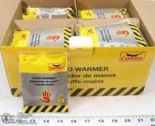 DESCRIPTION: (1) CASE OF (500) PAIRS OF HAND WARMERS BRAND/MODEL: CONDOR #32HD77 INFORMATION: 8 HOUR HEATING TIME RETAIL$: $150.00 SIZE: 2-3/4X3-3/4 Q