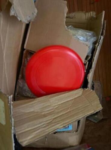BOX OF PLASTIC FRISBEES