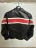 DESCRIPTION BLACK LEATHER RIDING JACKET W/ RED AND WHITE STRIP. ADDITIONAL INFORMATION NEW W/ PACKAGING SIZE LARGE LOCATION BAY 6 QTY 1 - 2