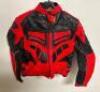 DESCRIPTION BLACK AND RED LEATHER RIDING JACKET. BRAND / MODEL: JD IMPORTS J206018 ADDITIONAL INFORMATION NEW W/ PACKAGING SIZE LARGE LOCATION BAY 6 Q