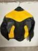 DESCRIPTION BLACK AND YELLOW LEATHER RIDING JACKET. BRAND / MODEL: JD IMPORTS MBJ-016 ADDITIONAL INFORMATION NEW W/ PACKAGING SIZE LARGE LOCATION BAY - 2