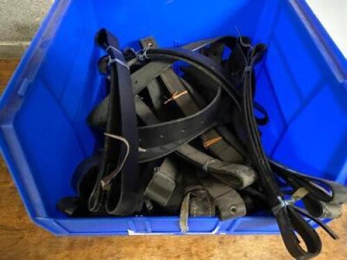 DESCRIPTION BLUE PLASTIC ORGANIZER W/ ASSORTED LEATHER STRAPS / CINCHES/ THIS LOT IS: ONE MONEY LOCATION BAY 6 QTY 1