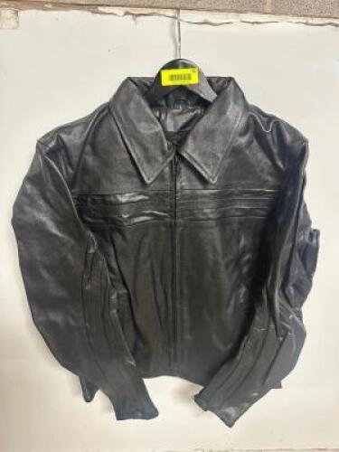 DESCRIPTION BLACK LEATHER RIDING JACKET ADDITIONAL INFORMATION NEW W/ PACKAGING SIZE LARGE LOCATION BAY 6 QTY 1