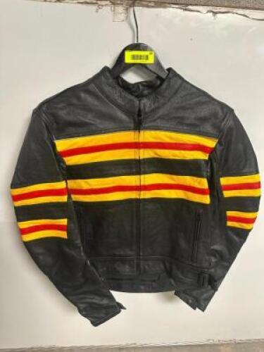 DESCRIPTION BLACK LEATHER RIDING JACKET WITH YELLOW AND RED STRIPE ADDITIONAL INFORMATION NEW W/ PACKAGING SIZE SMALL LOCATION BAY 6 QTY 1