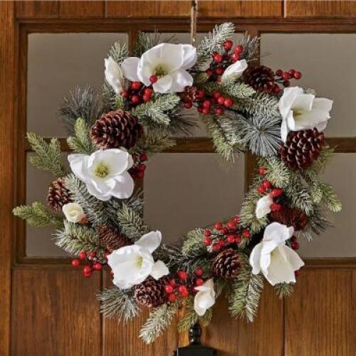 White Magnolia, Berry and Pinecone Wreath