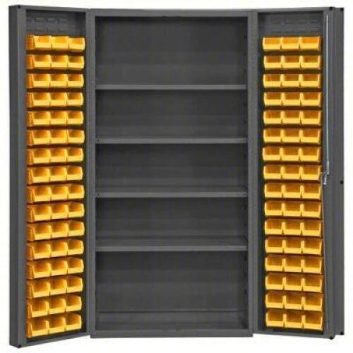 DESCRIPTION: (1) BIN CABINET BRAND/MODEL: DURHAM #1UBK5 INFORMATION: 4 SHELVES, 14 GAUGE PANEL, GRAY, DEEP BOX, YELLOW BINS INCLUDED SIZE: 36" X 24" X