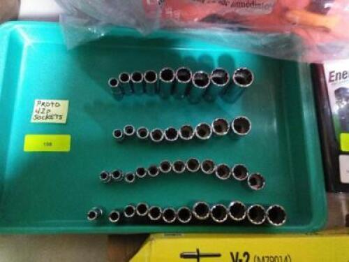 DESCRIPTION: (1) SET OF SOCKETS BRAND/MODEL: PROTO INFORMATION: 42 PIECES. SEE INSPECTION. TRAY NOT INCLUDED RETAIL$: $419.00 TOTAL QTY: 1
