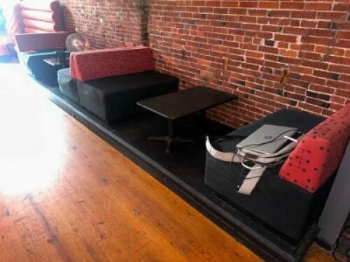DESCRIPTION (2) SECTION 42" UPHOLSTERED BENCH / BOOTH SEATING W/ (2) 42" X 30" COMPOSITE BLACK TABLE'S ADDITIONAL INFORMATION (4) END CAP SECTIONS. RE