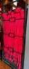 DESCRIPTION 36" X 72" ARTISTIC METAL PARTITION FEATURING VIBRANT RED GATHERED FABRIC PANELS. THE BLACK METAL FRAME IS ARRANGED IN A GEOMETRIC, GRID-LI