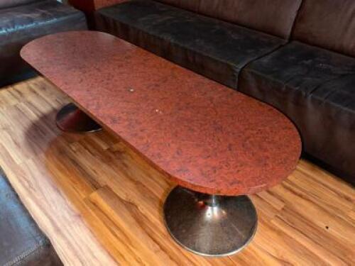 DESCRIPTION 72" X 24" REDISH BROWN COMPOSITE PILL SHADED TABLE W/ 2 LOW BASES. SIZE 72" X 24" LOCATION MAIN BAR QTY 1
