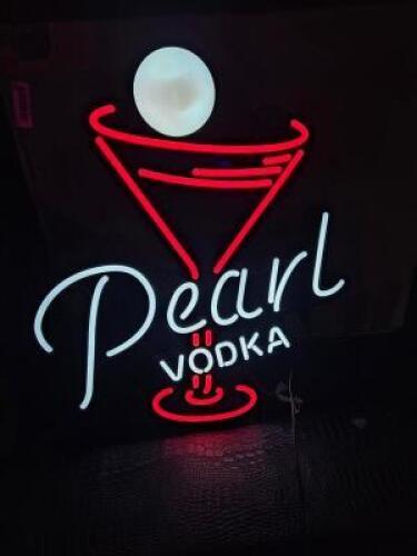 DESCRIPTION PEARL VODKA LED BAR SIGN AND DJ PARKING BAR TIN. THIS LOT IS: ONE MONEY LOCATION MAIN BAR QTY 1