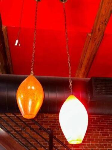 DESCRIPTION (2) VINTAGE GLASS SHADE PENDANT LIGHTS ADDITIONAL INFORMATION NEED LADDER FOR REMOVAL. THIS LOT IS: SOLD BY THE PIECE LOCATION MAIN BAR QT