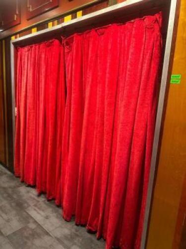 DESCRIPTION 10' DEEP RED FABRIC CURTAIN W/ ROD. SIZE 10' LOCATION FIRST FLOOR HALL QTY 1