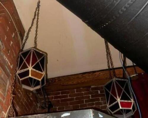 DESCRIPTION (2) SLAG GLASS PENDANT LIGHT FIXTURES. ADDITIONAL INFORMATION NEED LADDER FOR REMOVAL. THIS LOT IS: SOLD BY THE PIECE LOCATION FIRST FLOOR