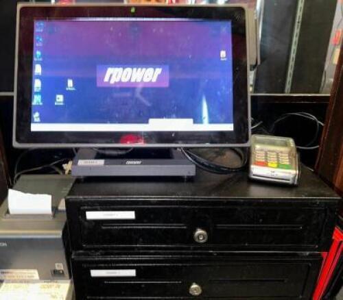 DESCRIPTION (5) TERMINAL RPOWER TOUCH SCREEN POINT OF SALE SYSTEM W/ CASH DRAWERS, TICKET PRINTERS, AND(2) CC PADS BRAND / MODEL: RPOWER ADDITIONAL IN