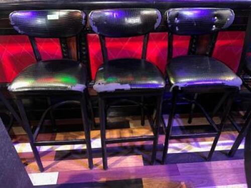 DESCRIPTION (3 30" BLACK BAR STOOLS WITH FAUX SNAKE SKIN SEATS. ADDITIONAL INFORMATION SOME WEAR AND TEAR. THIS LOT IS: SOLD BY THE PIECE LOCATION BAC