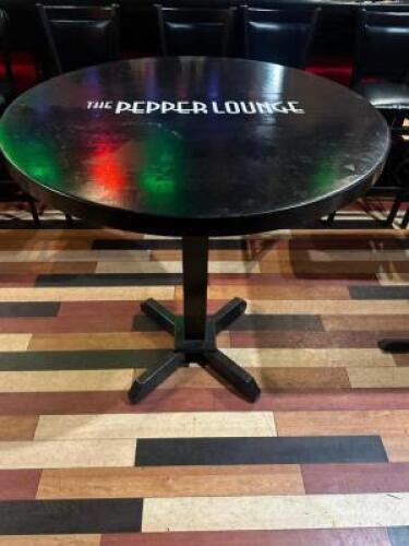 DESCRIPTION 38" ROUND PEPPER LOUNGE LOGO PUB TABLE W/ BASE. SIZE 38" R LOCATION BACK BAR QTY 1