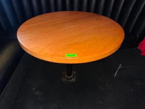 DESCRIPTION 38" HARDWOOD TABLE TOP W/ FLOOR MOUNTED HEAVY DUTY BASE. SIZE 38" ROUND LOCATION BACK BAR QTY 1