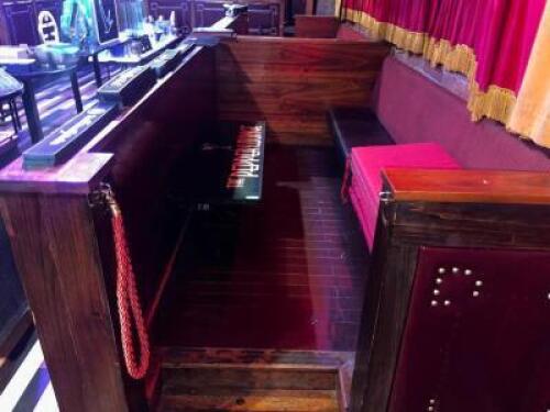 DESCRIPTION 20' X 6' TWO SECTION VIP BOOTH SEATING W/ HARDWOOD PANELING AND DIVIDERS. ADDITIONAL INFORMATION THE PEPPER LOUNGE LOGO BENCHES ARE NOT IN