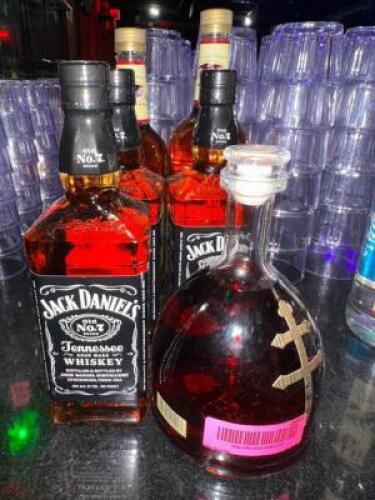 DESCRIPTION (6) ASSORTED BOTTLE OF ALCOHOL - 3 JACK DANIELS, (1) D'USSE, AND (2) WHISKEY THIS LOT IS: SOLD BY THE PIECE LOCATION BACK BAR QTY 6