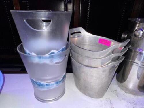 DESCRIPTION (2) GREY GOOSE BOTTLE BUCKETS AND (3) METAL BAR BUCKETS. THIS LOT IS: ONE MONEY LOCATION BACK BAR QTY 1