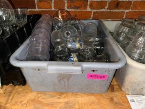 DESCRIPTION PLASTIC TOTE AND CONTENTS - BAR GLASSES THIS LOT IS: ONE MONEY LOCATION WAREHOUSE QTY 1