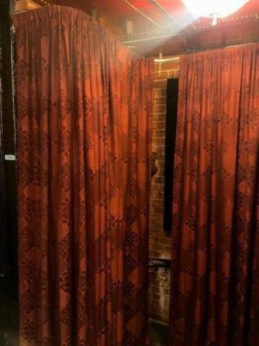 DESCRIPTION (2) 48" SECTIONS OF DARK RED / BROWM FABRIC DRAPE / CURTAIN LOCATION HALL QTY 1