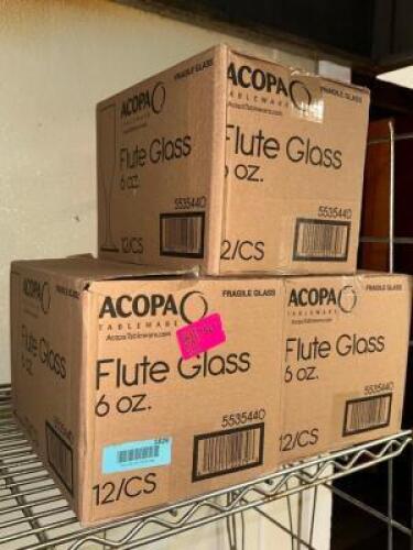 DESCRIPTION (3) CASES OF ACOPA 6 OZ FLUTES. BRAND / MODEL: 12 PER CASE. THIS LOT IS: SOLD BY THE PIECE LOCATION KITCHEN QTY 3