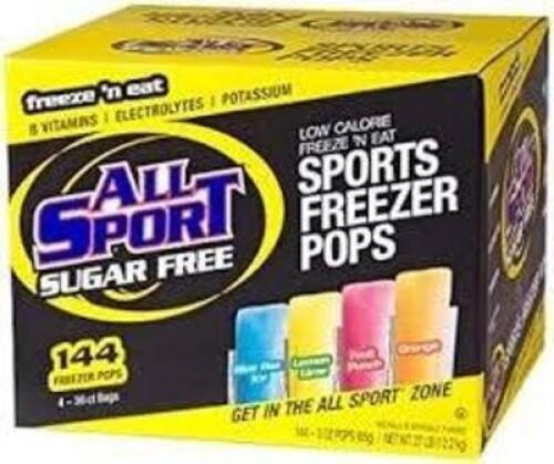 DESCRIPTION: (1) BOX OF (144) HYDRATION FREEZER POPS SUGAR FREEBRAND/MODEL: ALL SPORTINFORMATION: VARIETY PACK - BLUE RAZ, LEMON LIME, FRUIT PUNCH, ORANGERETAIL$: $76.40QTY: 1