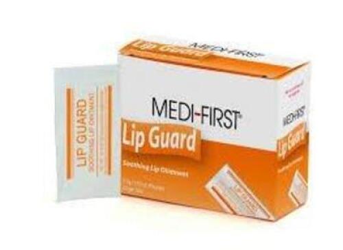 DESCRIPTION: (10) PACKS OF (20) PACKETS OF LIP GUARD BRAND/MODEL: MEDI-FIRST SIZE: 0.5 GRAM PER PACKET RETAIL$: $2.78 EA QTY: 10