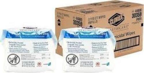 DESCRIPTION: (4) BAGS GERMICIDAL DISINFECTING WIPES BRAND/MODEL: CLOROX/4XKR8 INFORMATION: 110 WIPES PER BAG SIZE: 12" X 12" SHEET SIZE RETAIL$: $150.