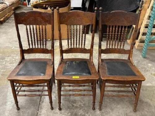 (3) WOODEN CHAIRS WITH LEATHER SEATS