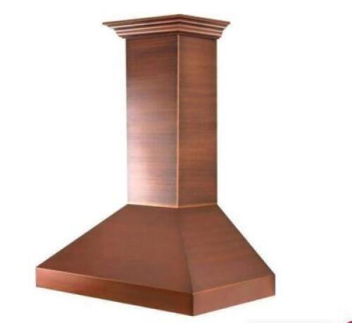 COPPER WALL RANGE HOOD WITH CROWN MOLDING AND CHIMNEY EXTENSION