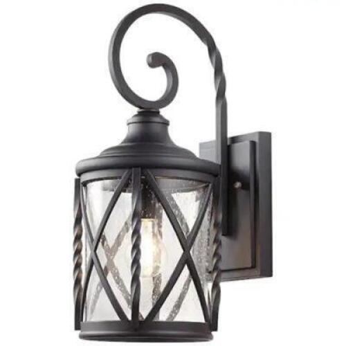 WALCOTT MANOR 1-LIGHT BLACK INDUSTRIAL HARDWIRED OUTDOOR WALL LIGHT LANTERN SCONCE WITH CLEAR SEEDED GLASS