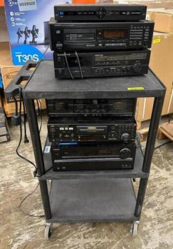 MEDIA RACK WITH ASSORTED AUDIO/VIDEO EQUIPMENT