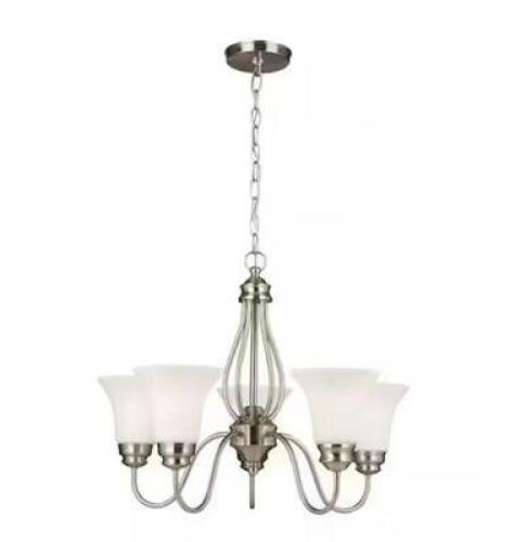 KENSLEY PARK 5-LIGHT CLASSIC TRADITIONAL BRUSHED NICKEL HANGING CANDLESTICK CHANDELIER WITH FROSTED WHITE SHADE
