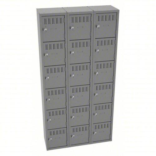DESCRIPTION: (1) BOX LOCKER BRAND/MODEL: TENNSCO/39FN86 INFORMATION: 6 Tiers, 3 Units Wide, Louvered, Padlock Hasp, Gray RETAIL$: $910.22 SIZE: 12" X
