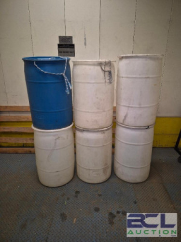 (6) - 35 GAL. BARRELS / WHITE AND BLUE