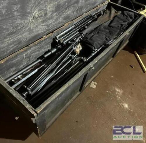 ROLLING BIN OF ASSORTED SPEAKER STANDS